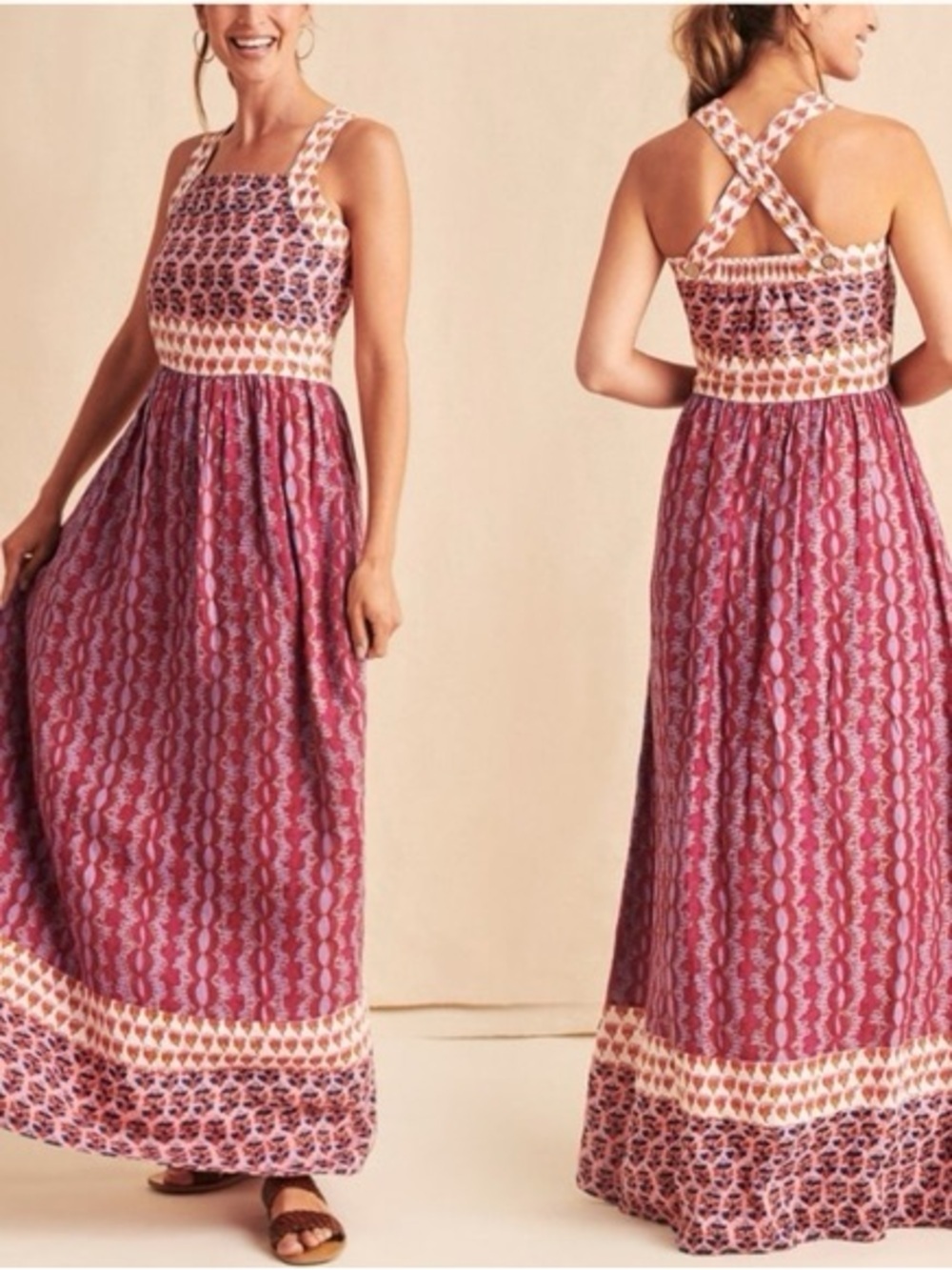 Faherty Gracie Dress Bali Bloom Floral Mixed Media Print Linen Maxi, Size XS-S